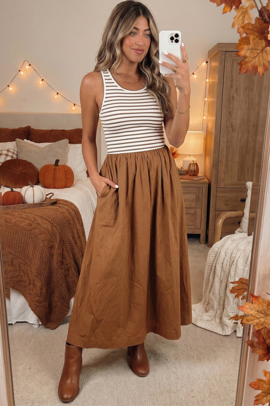 Chestnut Striped Colorblock Sleeveless Long Dress