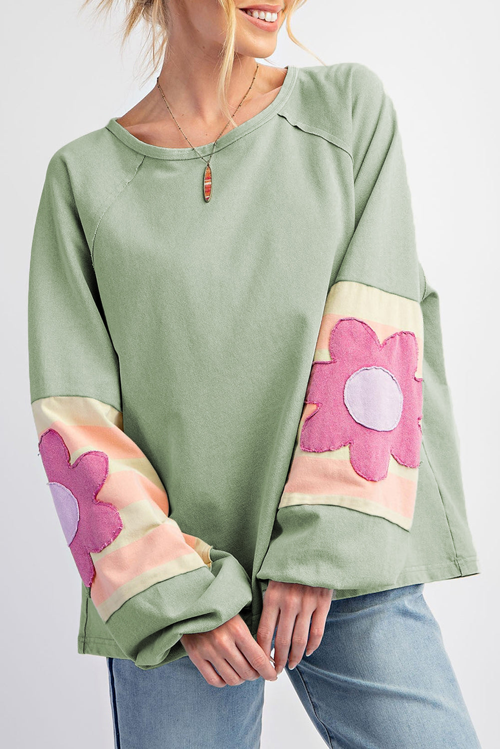 Green Flower Sleeve Oversized Top