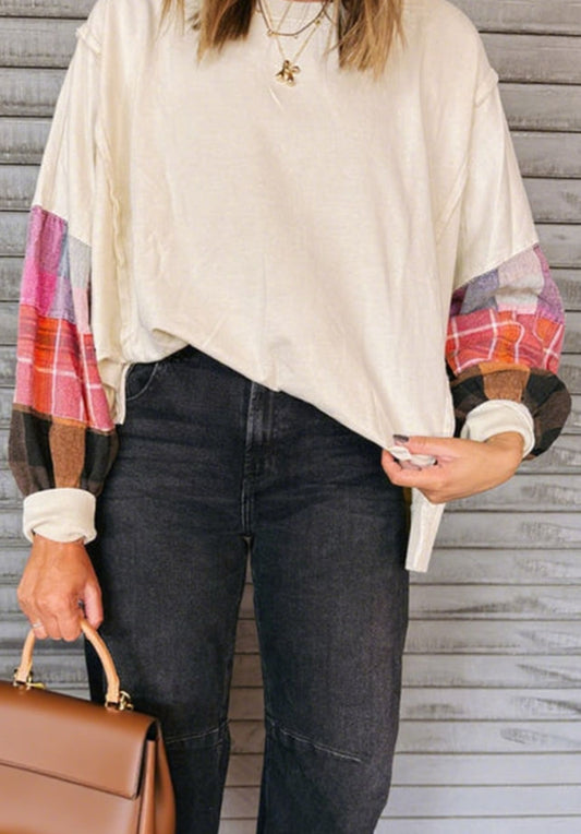 Beige Contrast Plaid Patchwork Sweatshirt