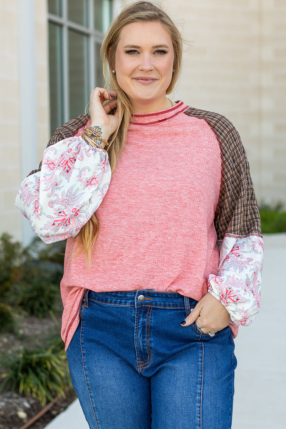 Pink Patchwork Sleeve Plus Size Top