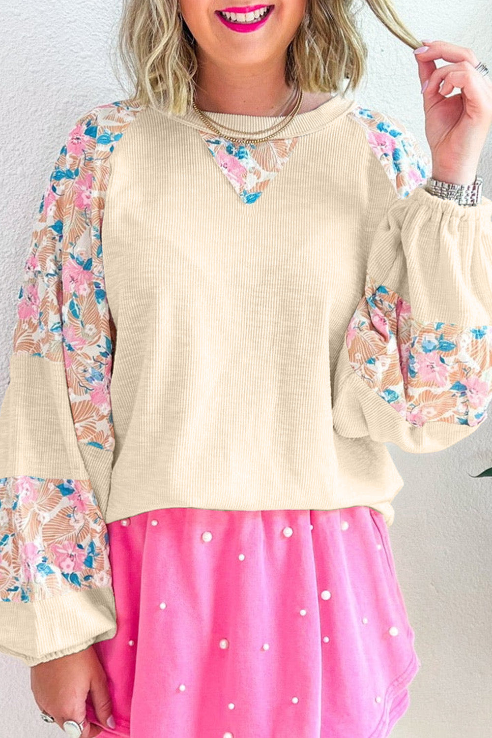 Beige Floral Patchwork Balloon Sleeve Blouse