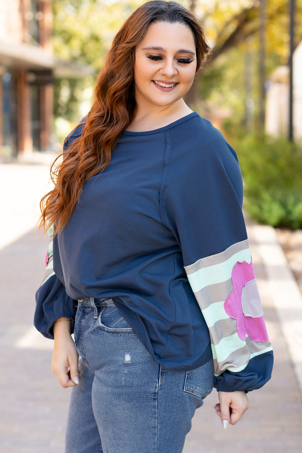 Blue Flower Sleeve Oversized Top