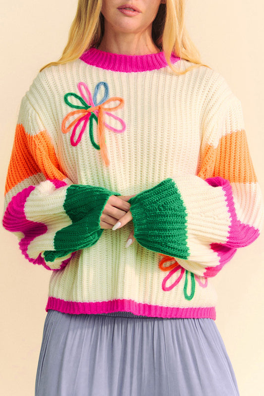 Beige Colorblock Flower Loose Sweater (on hand)