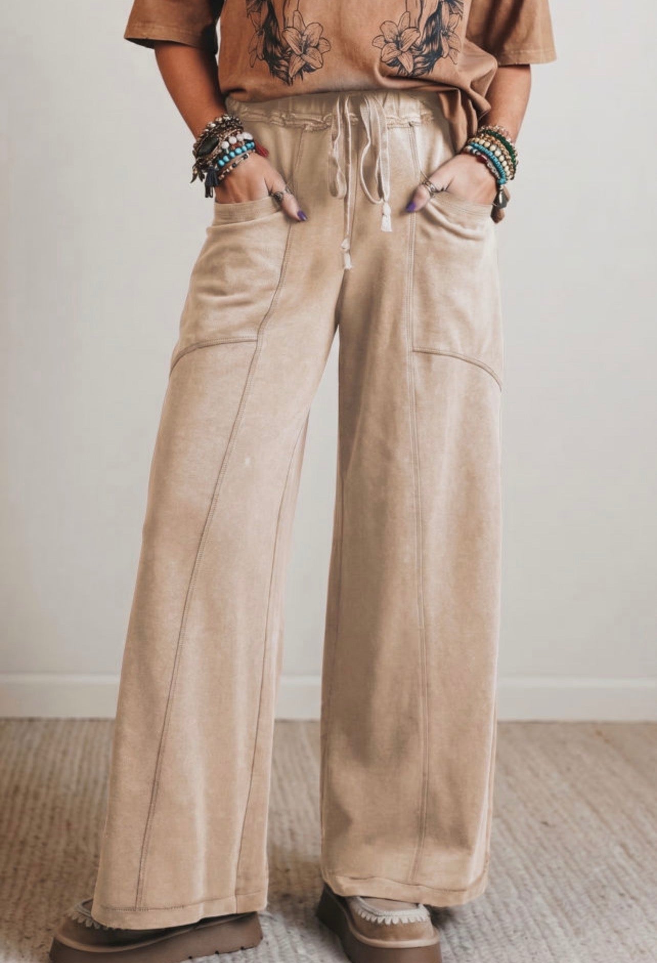 Khaki Comfort Wide Leg Drawstring Pants