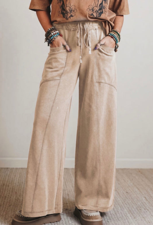 Khaki Comfort Wide Leg Drawstring Pants