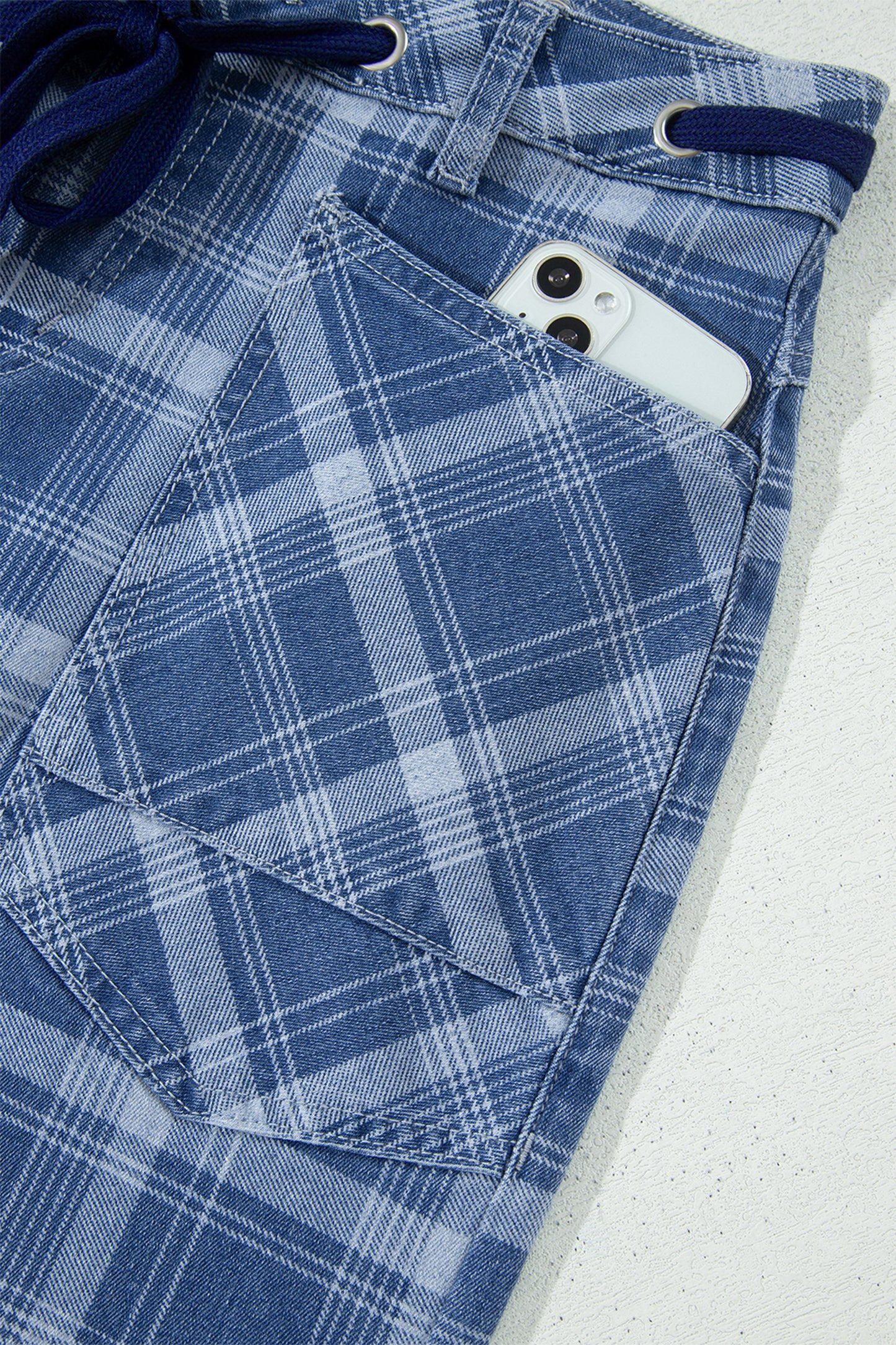 Blue Plaid Denim Drawstring Ankle-Length Jeans