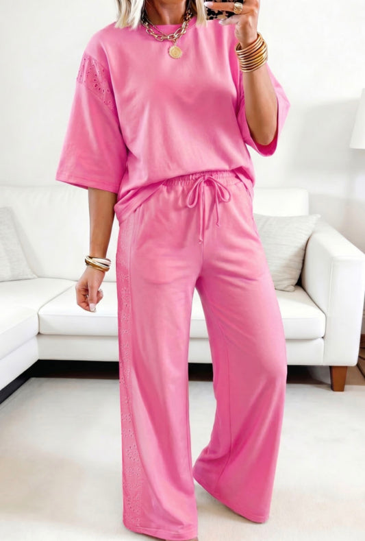 Pink Eyelet Lace Embellished Short Sleeve Pant Set