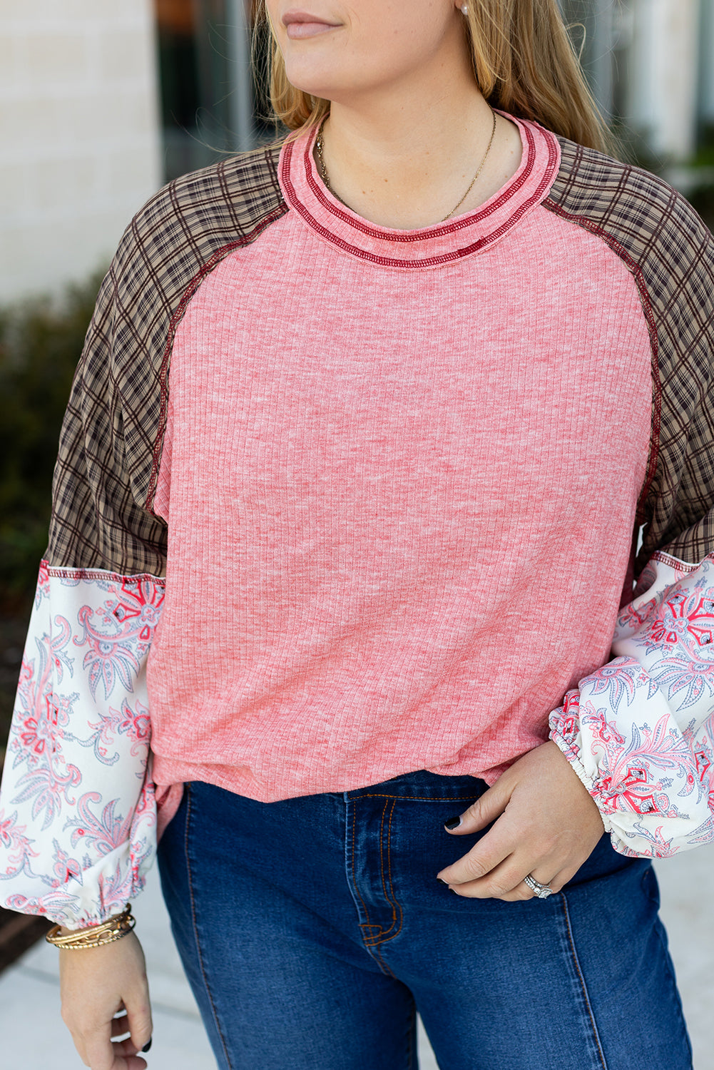 Pink Patchwork Sleeve Plus Size Top