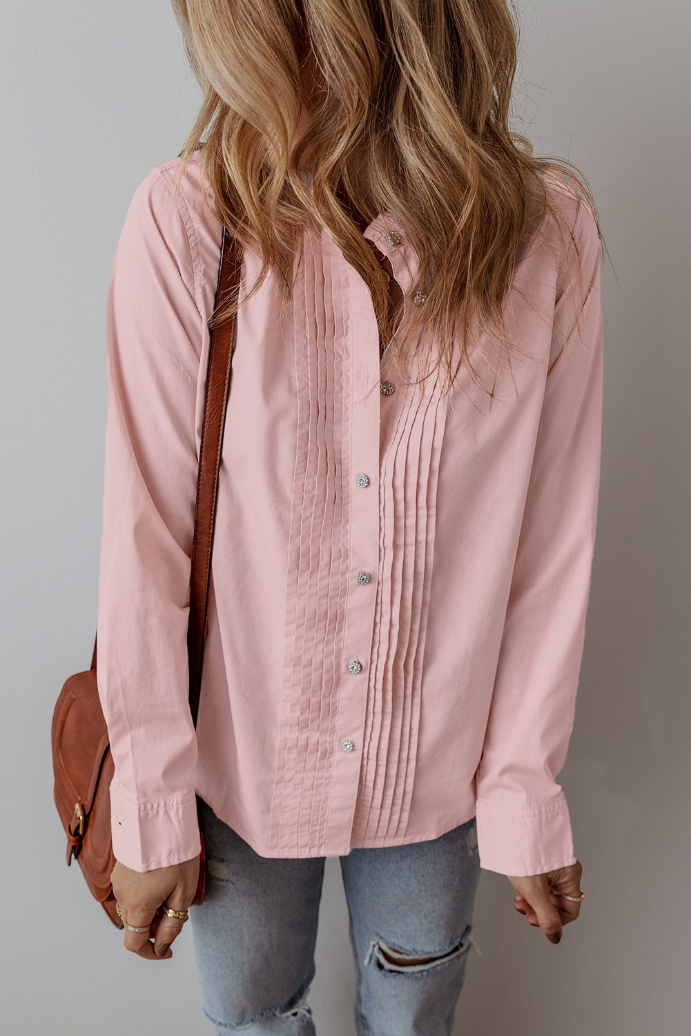 Pink Pleated Loose Fit Button-Up