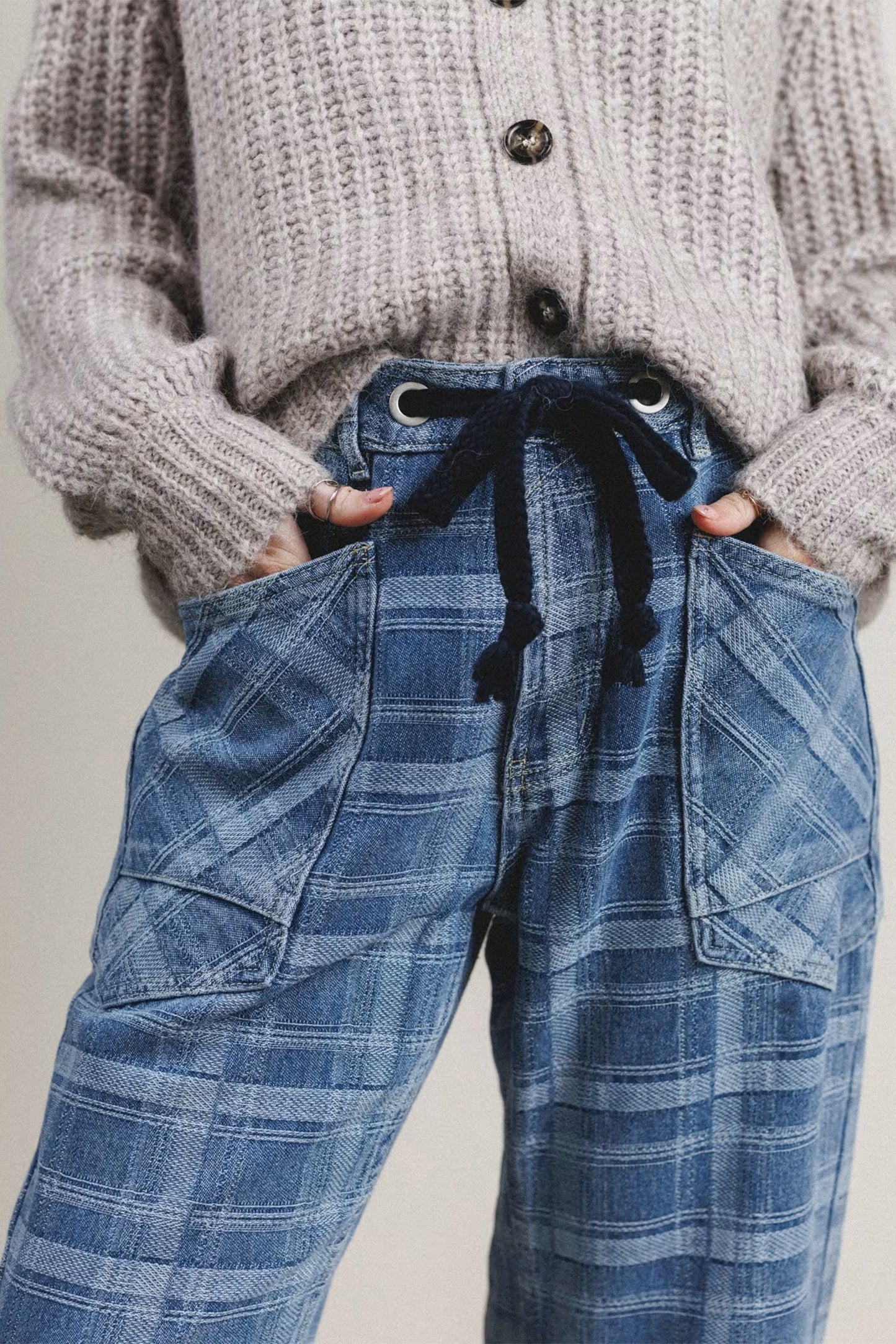 Blue Plaid Denim Drawstring Ankle-Length Jeans