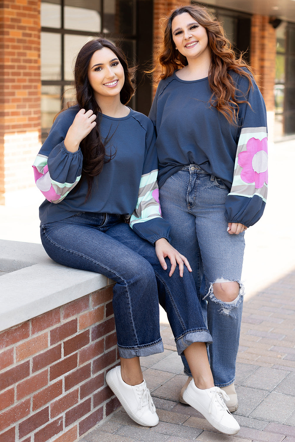 Blue Flower Sleeve Oversized Top