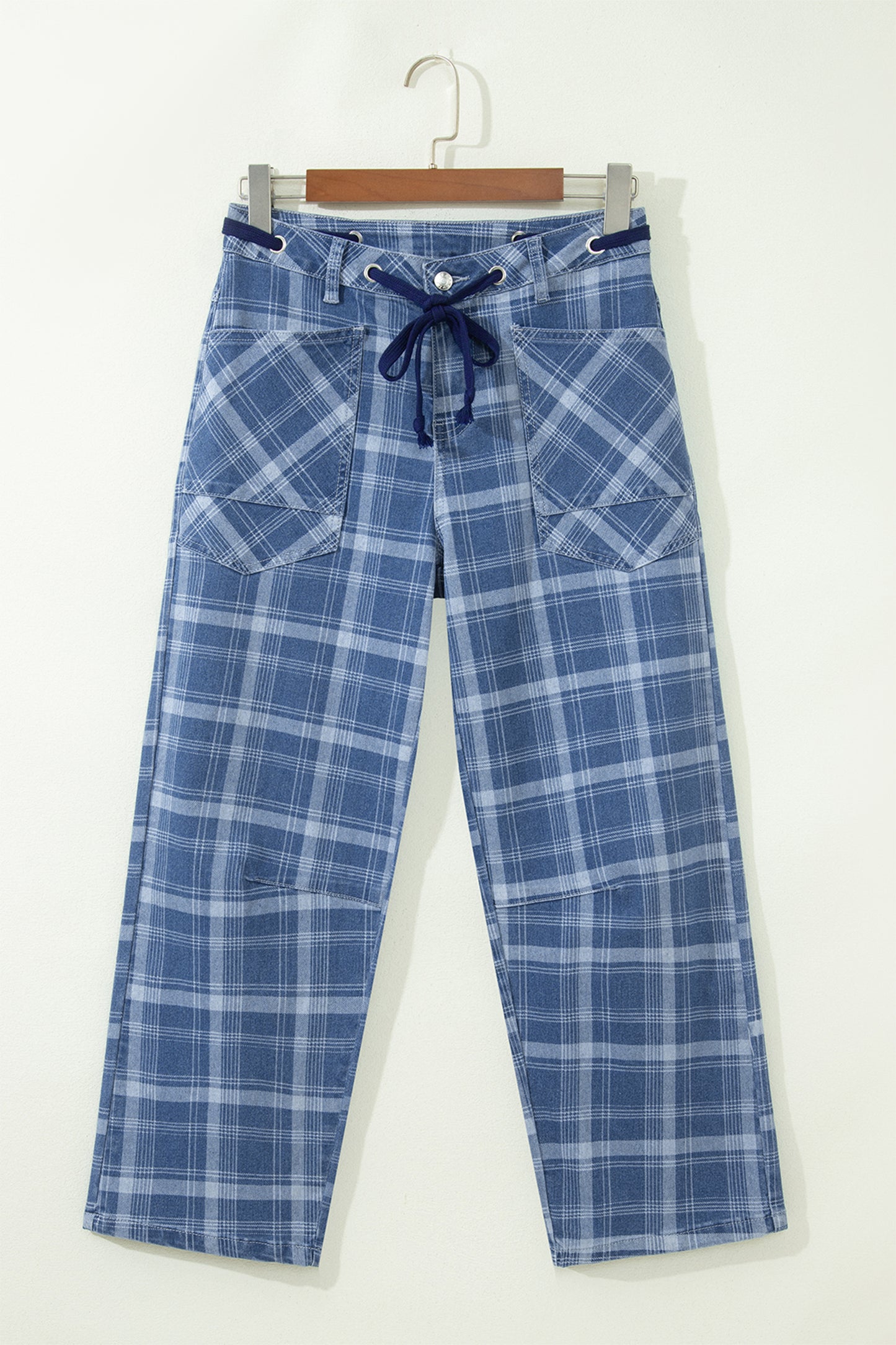 Blue Plaid Denim Drawstring Ankle-Length Jeans
