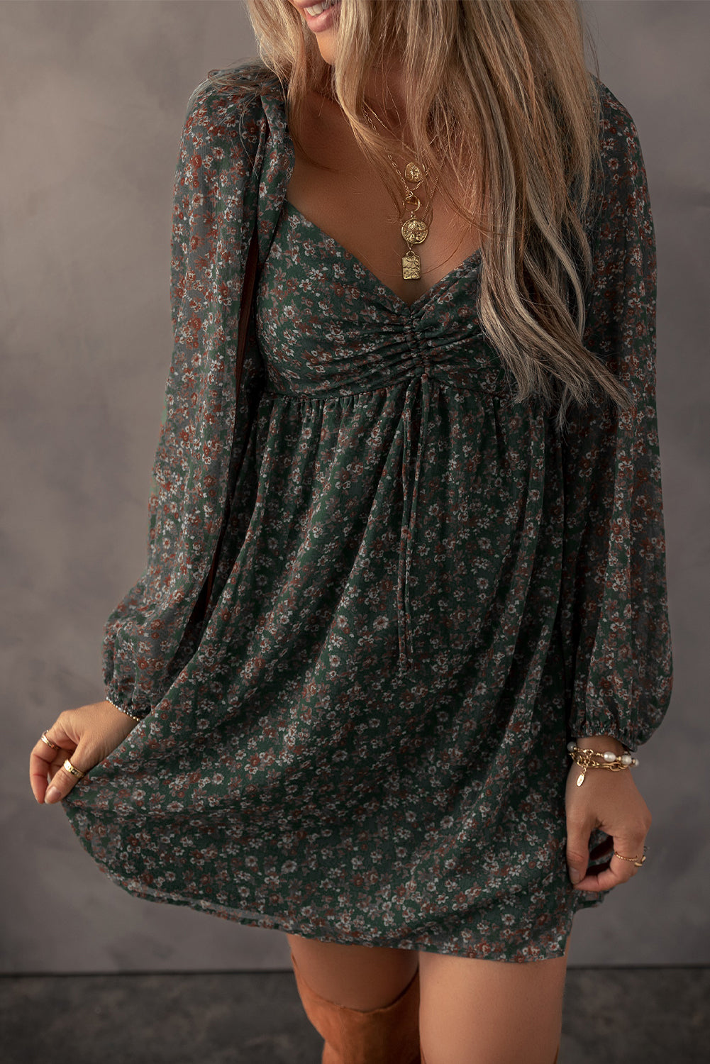 Green Floral Print Mini Dress