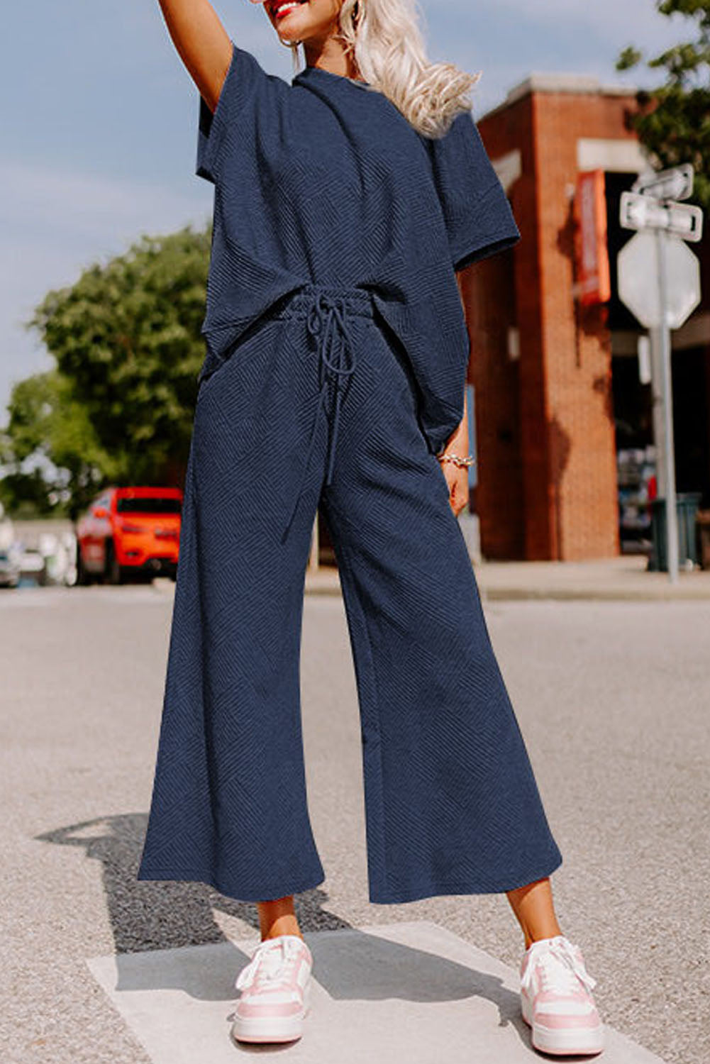 Navy Blue Textured Loose Fit T Shirt and Drawstring Pants Set (on hand)