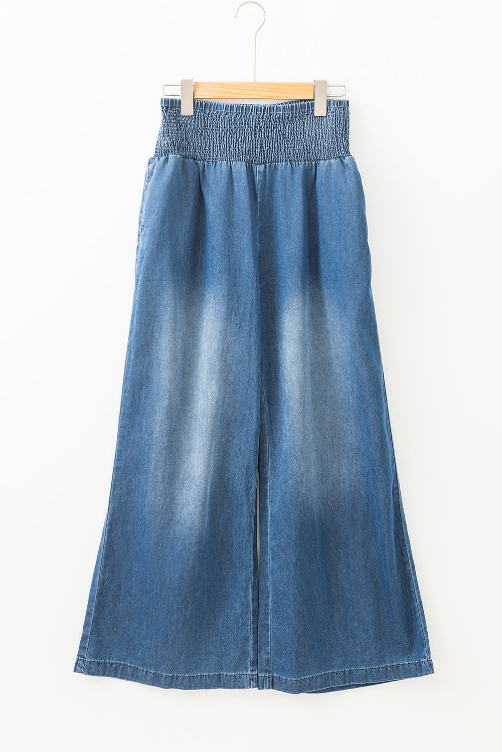 Blue Smocked High Waist Wide Leg Jeans