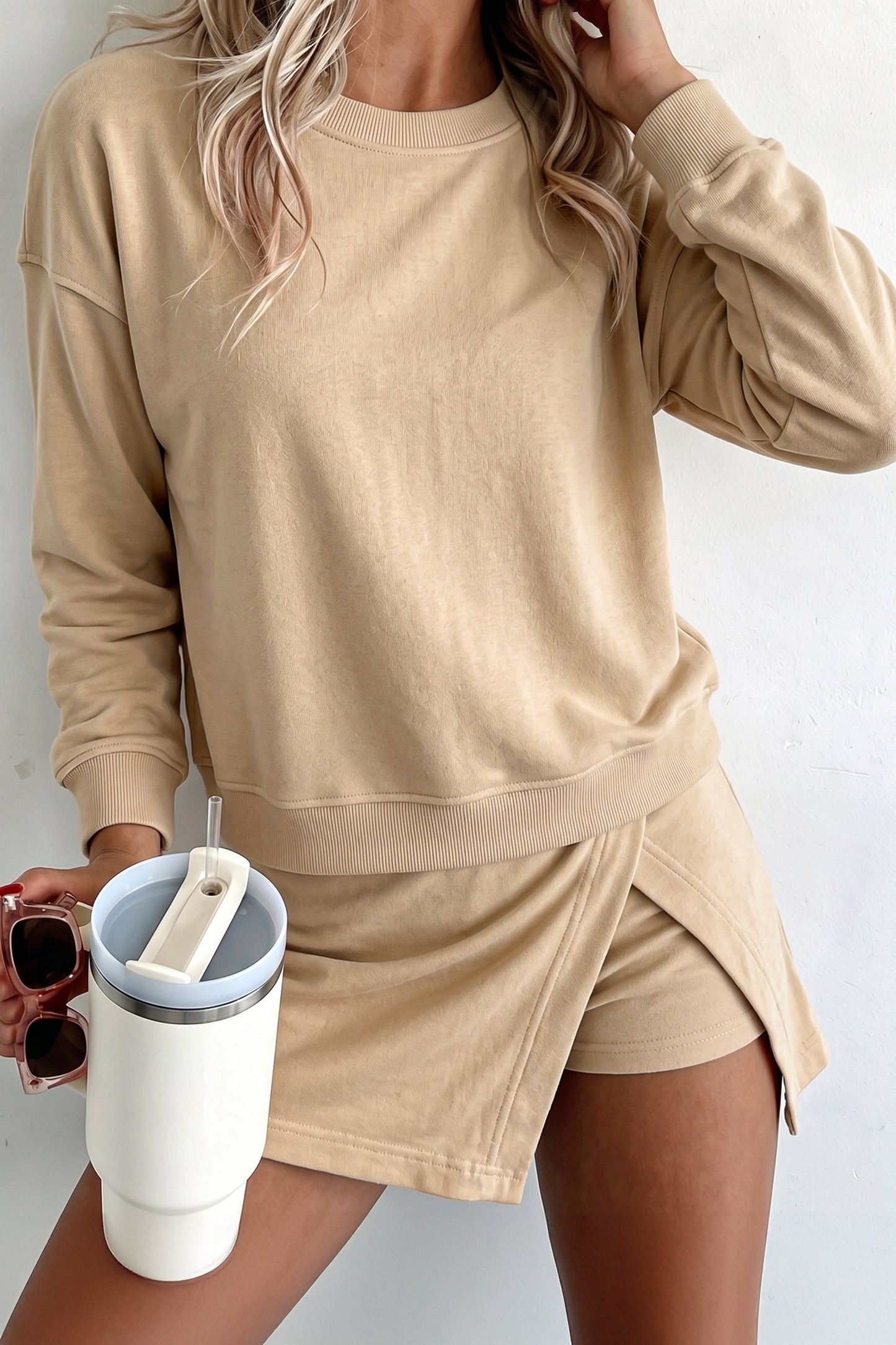Solid Beige Long Sleeve Top Split Skort Set