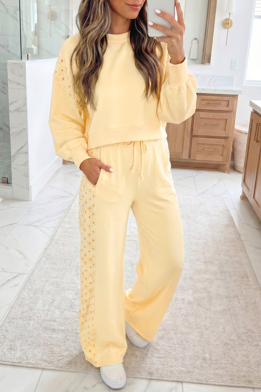 Soft Yellow Eyelet Patchwork Cropped Pullover Drawstring Pants Set