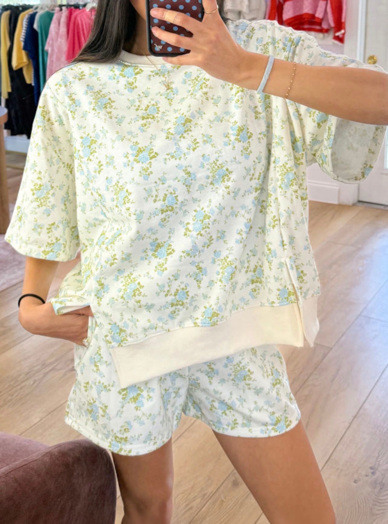 Blue Floral Split Sides Top and Shorts Set
