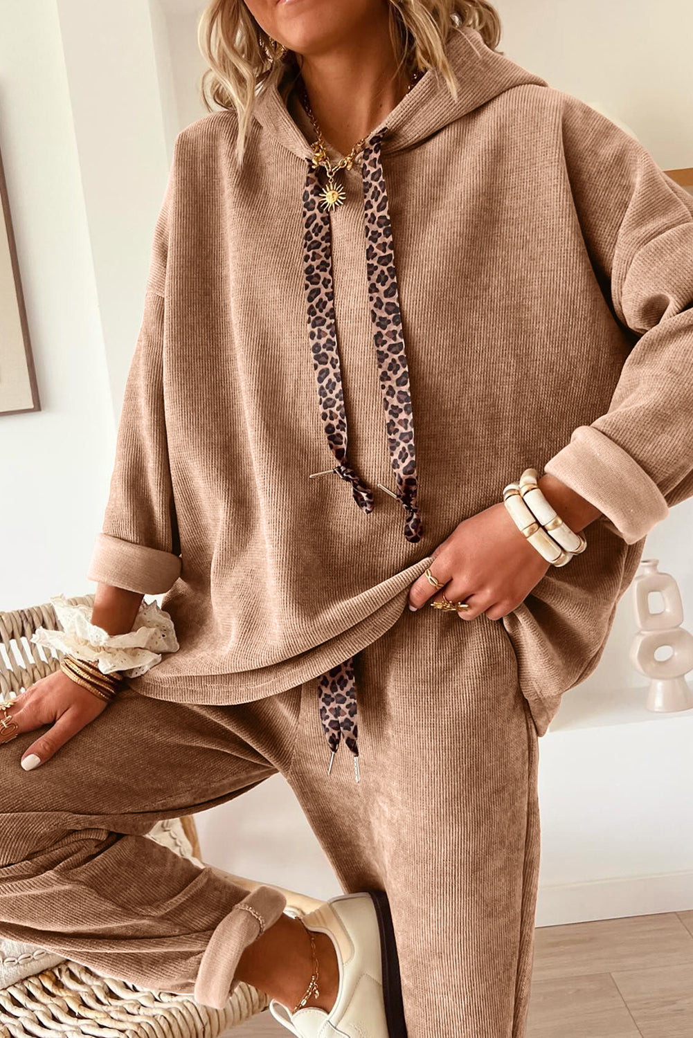 Dark Khaki Leopard Drawstring Corduroy Set