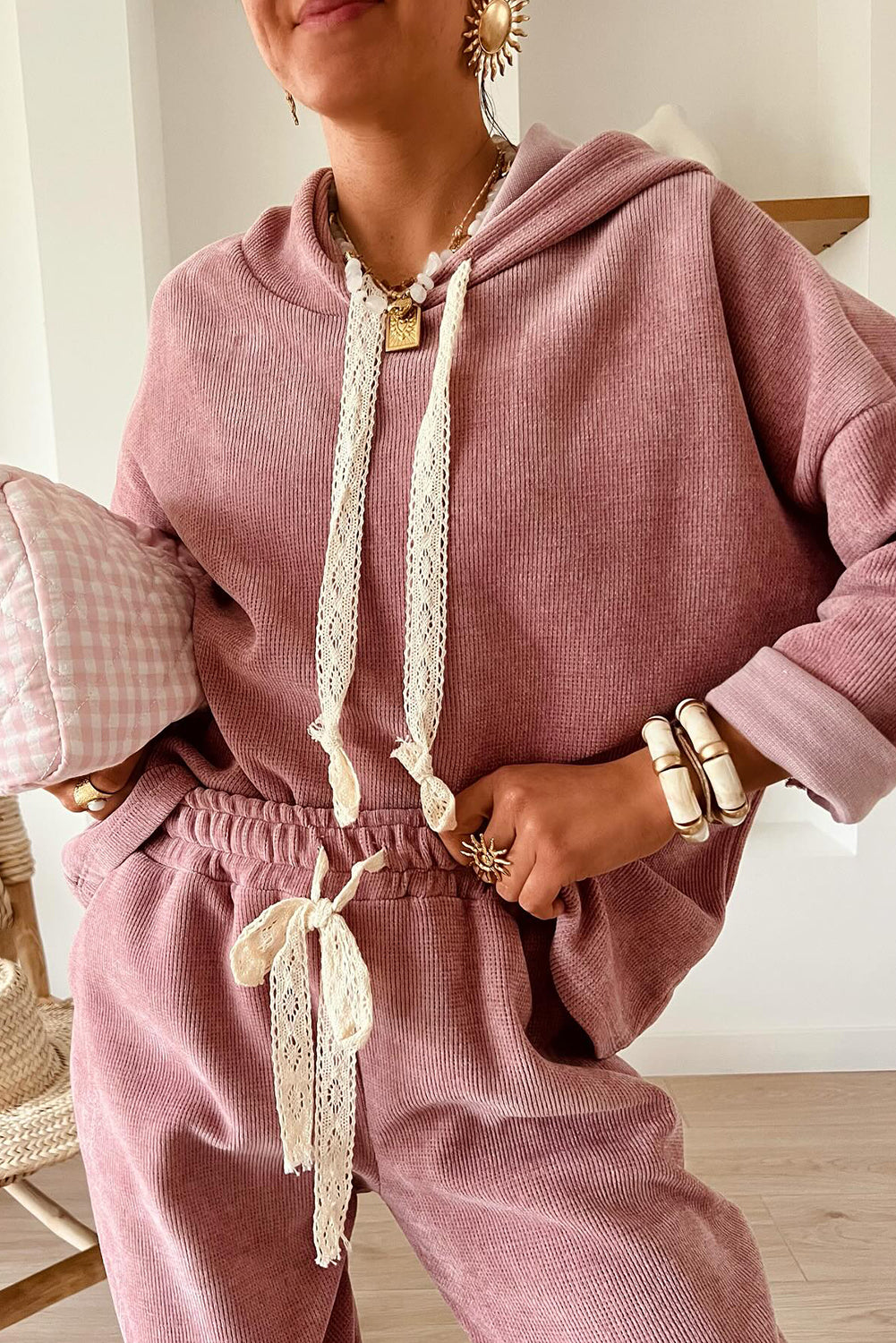Rose Tan Lace Drawstring Corduroy Set