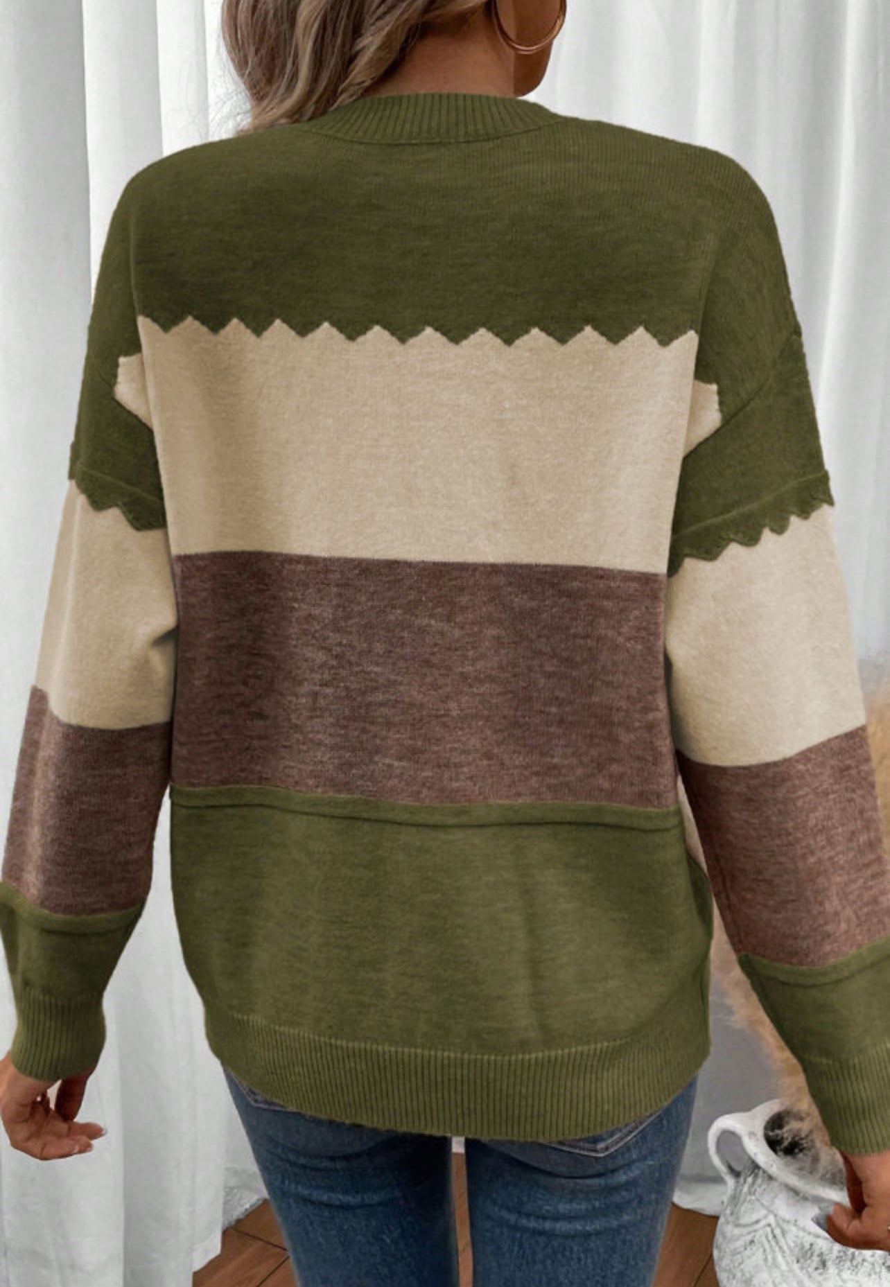 Green Earth Tone Colorblock Sweater-LOCAL