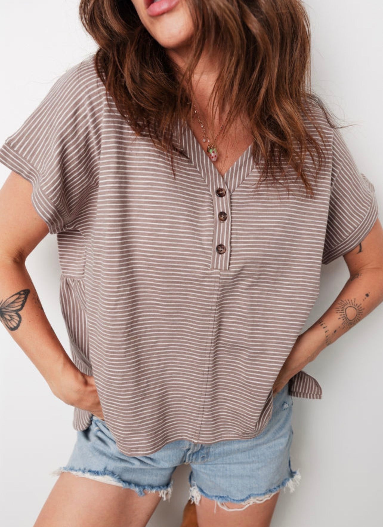Khaki Stripe Buttoned V High Low Top