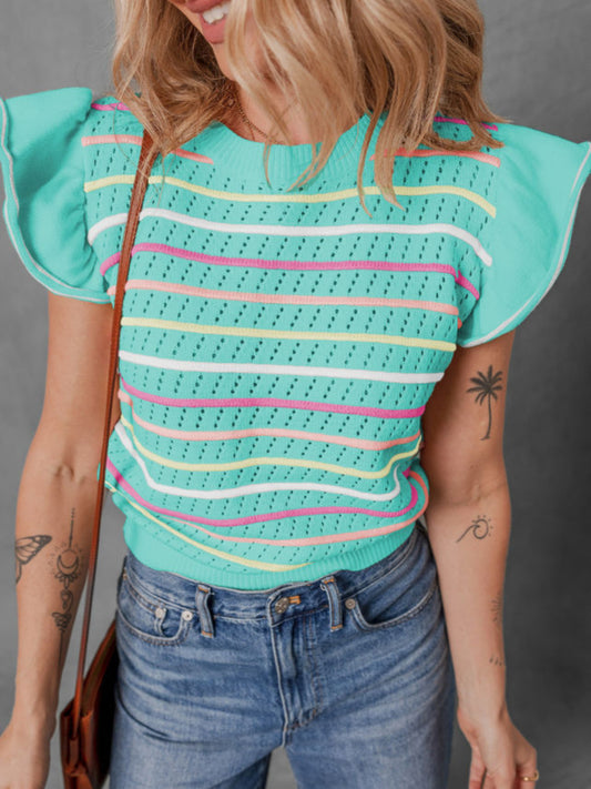 FINAL SALE—Green Stripe Ruffle Sleeve Sweater