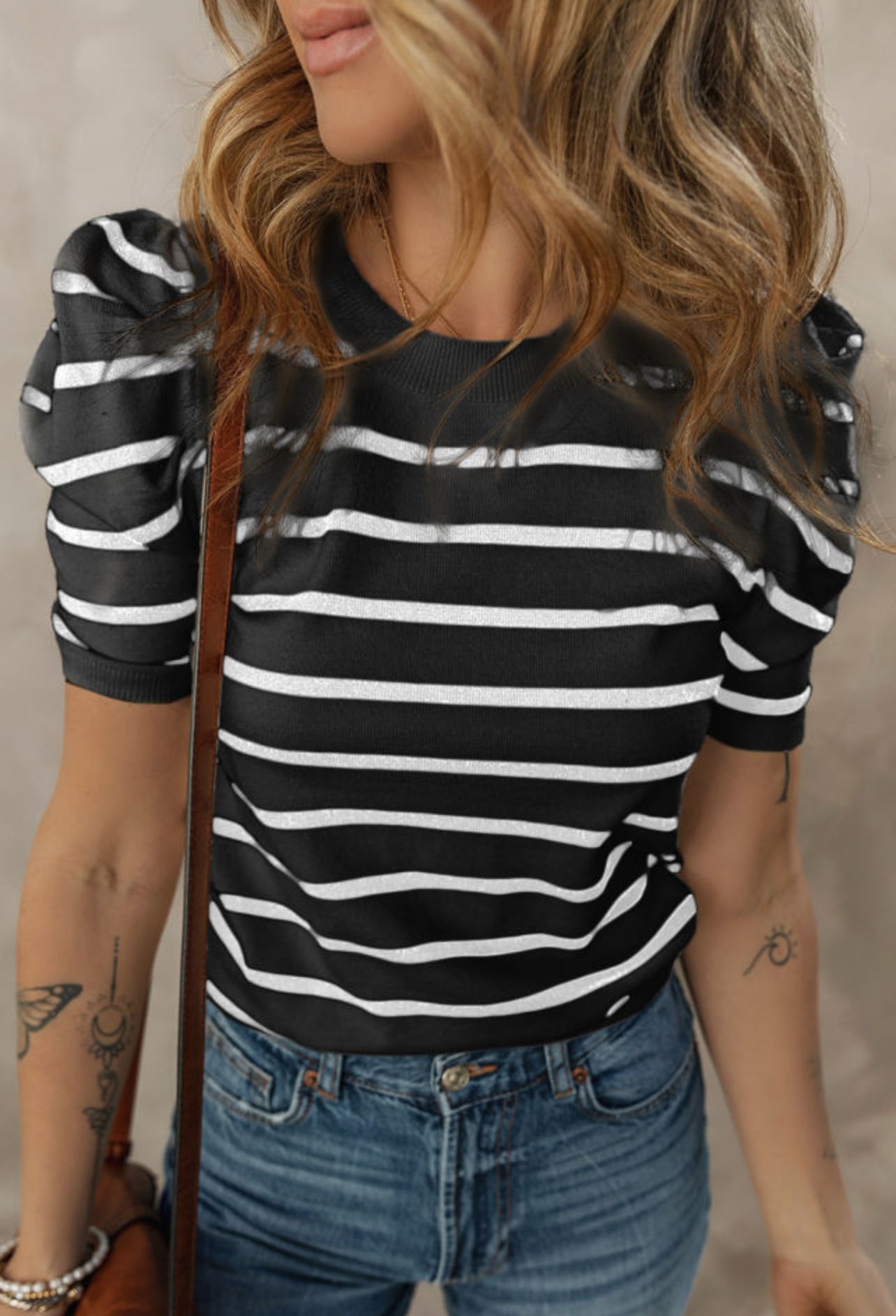 White Stripe Puff Sleeve Sweater