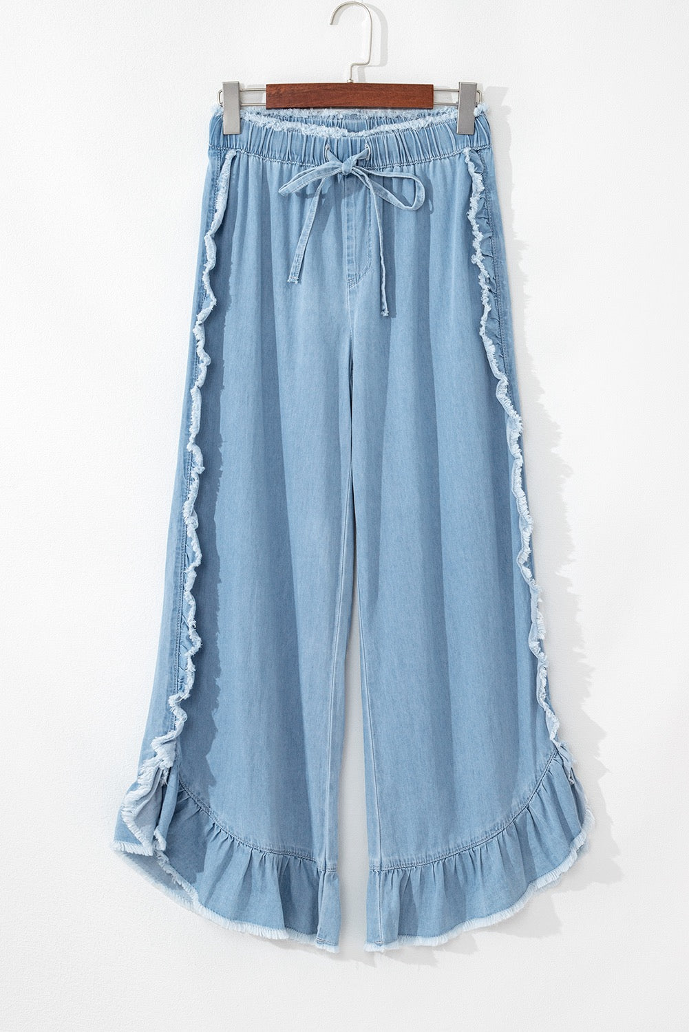 Blue Light Wash Raw Hem Ruffled Wide Leg Jeans (on hand)