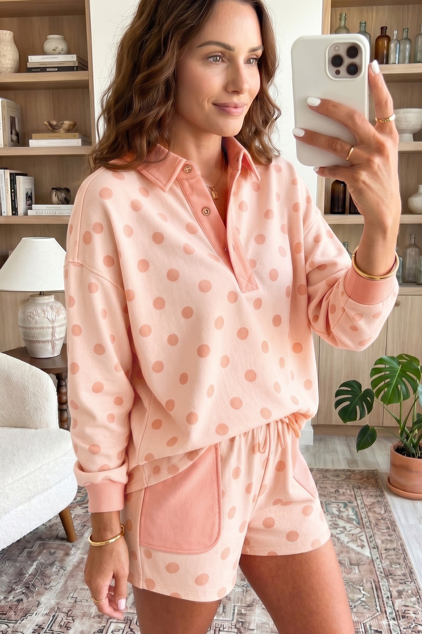 Pink Polka Dot Loose Polo Patch Pocket Shorts Set