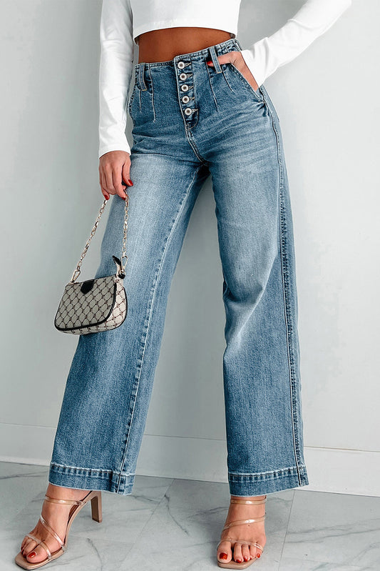 Blue Buttoned Loose Leg Jeans