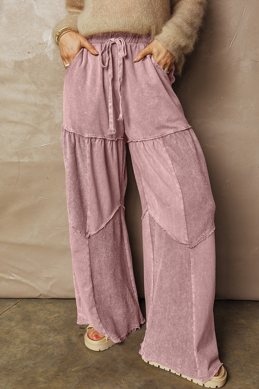 Mauve Mineral Wash Tiered Wide Leg Drawstring Pants