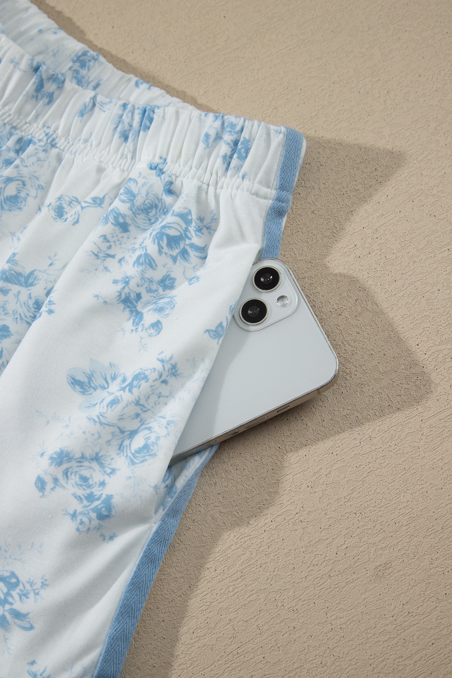 Sky Blue Floral Long Sleeve Top Ruffle Hem Shorts Set