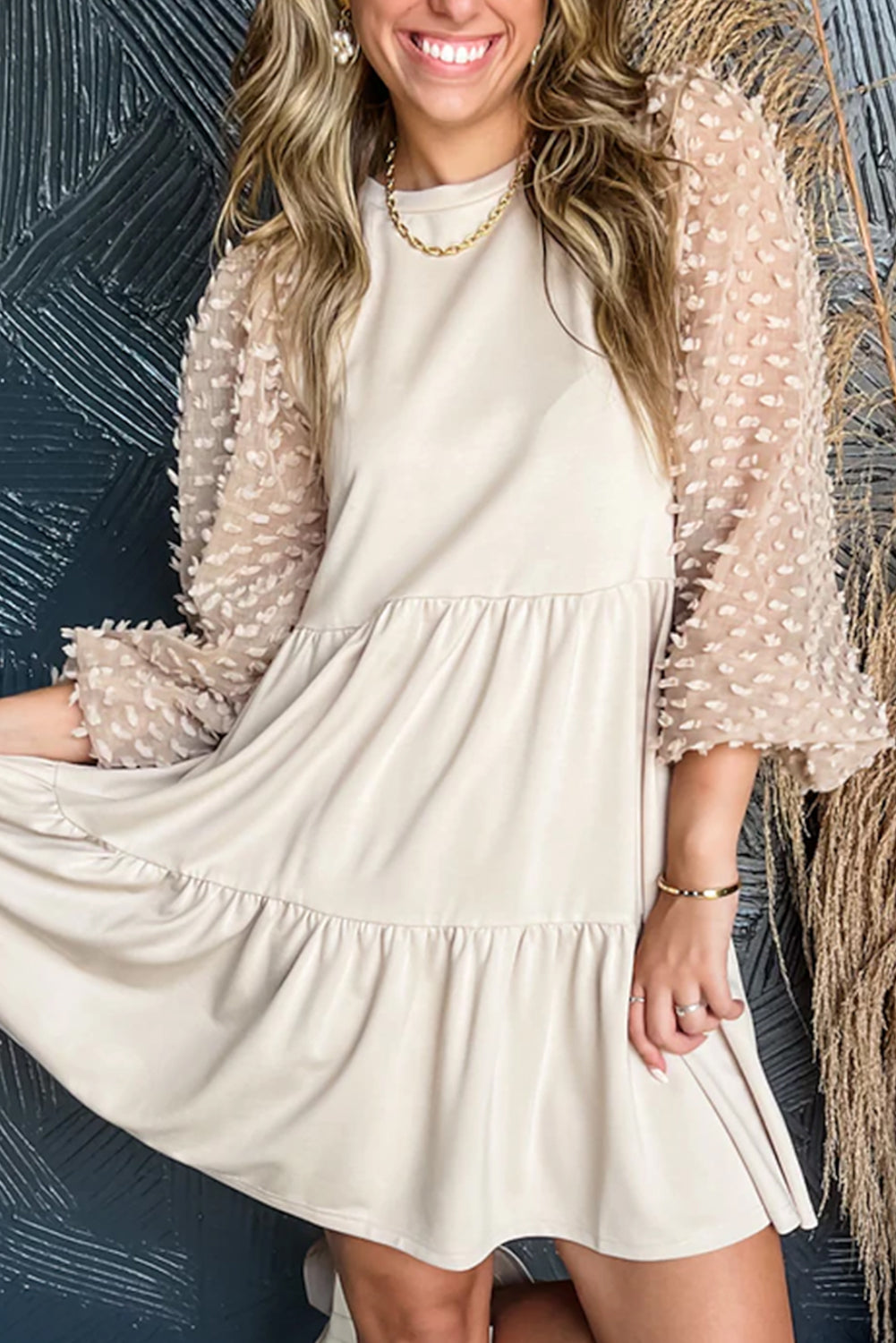 Beige Puff Sleeve A-line Dress (on hand)