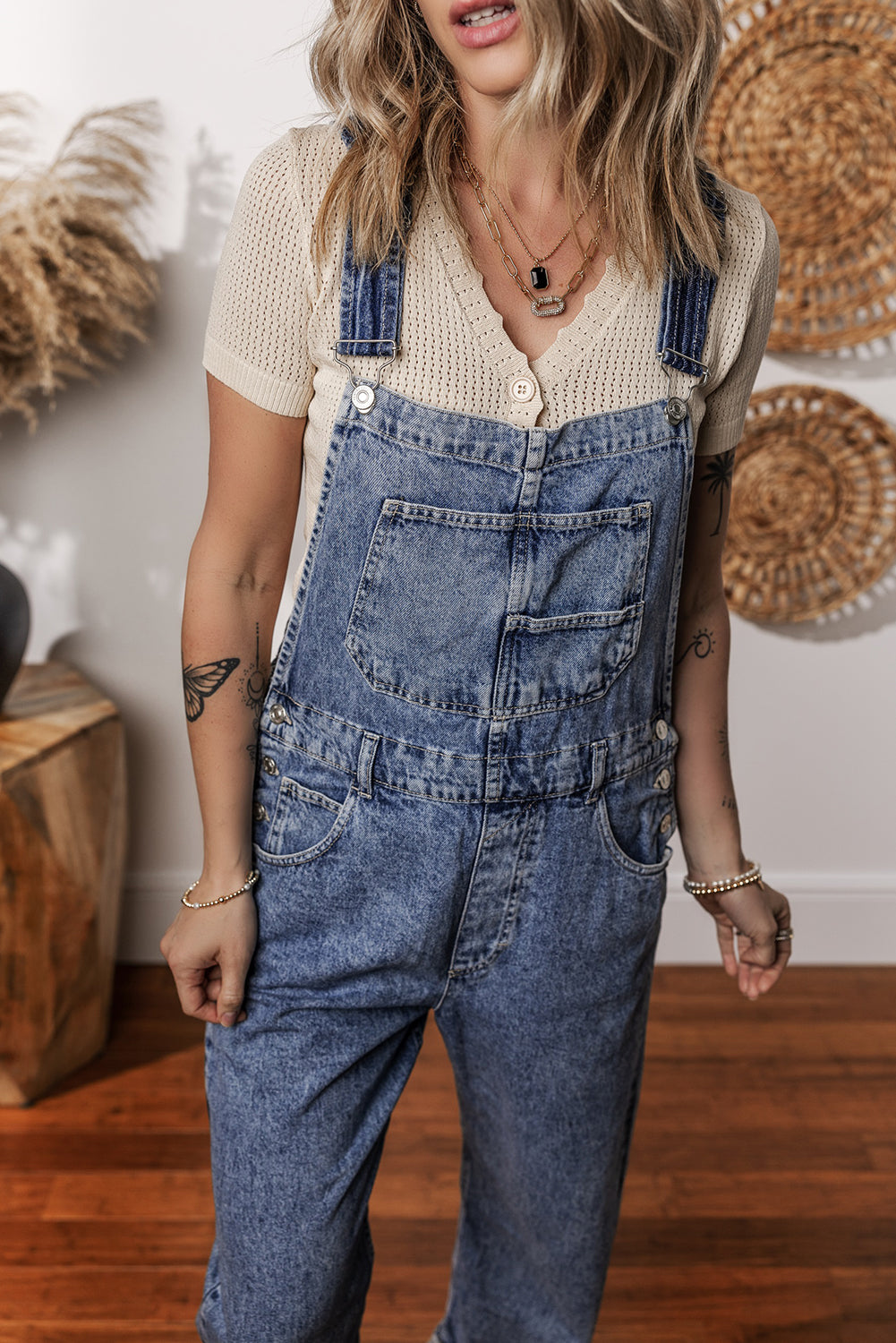 Blue Denim Straight Leg Overalls