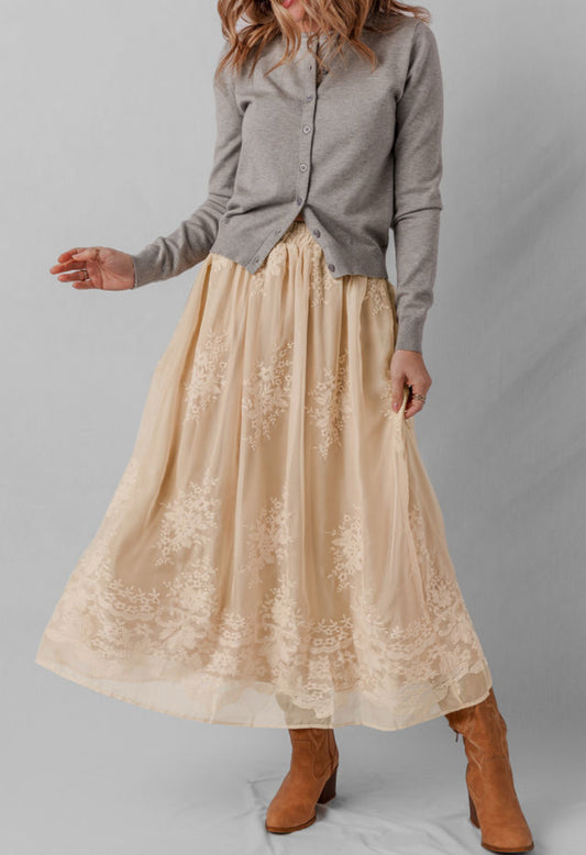 Embroidered Lace Long Flowy Skirt