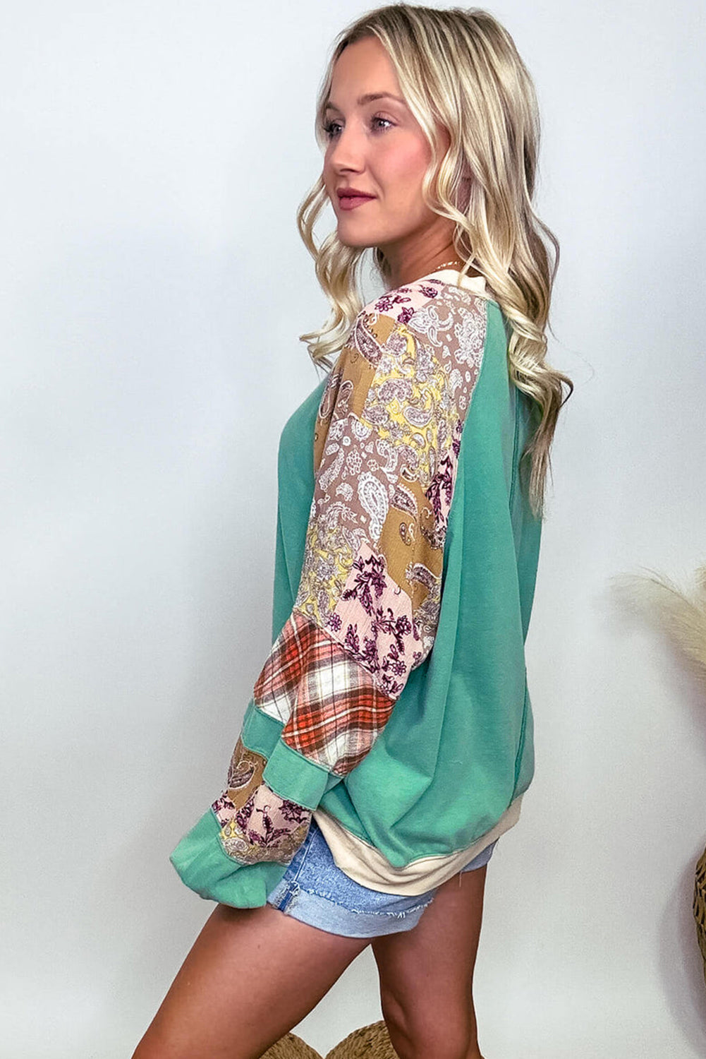 Green Plus Size Plaid Patchwork Sleeve Sweatshirt