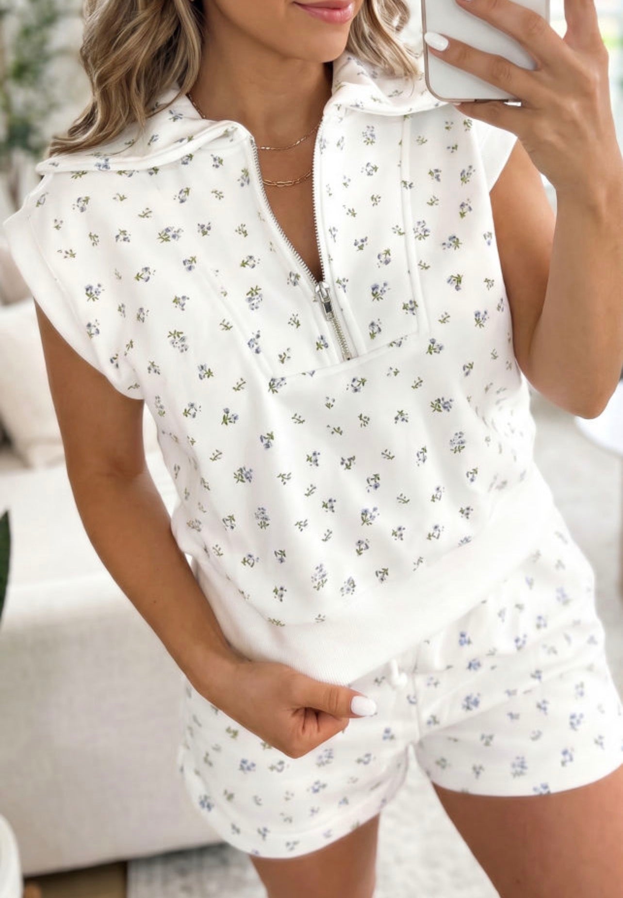 White with Blue Flowers Half Zip Top and Shorts Set