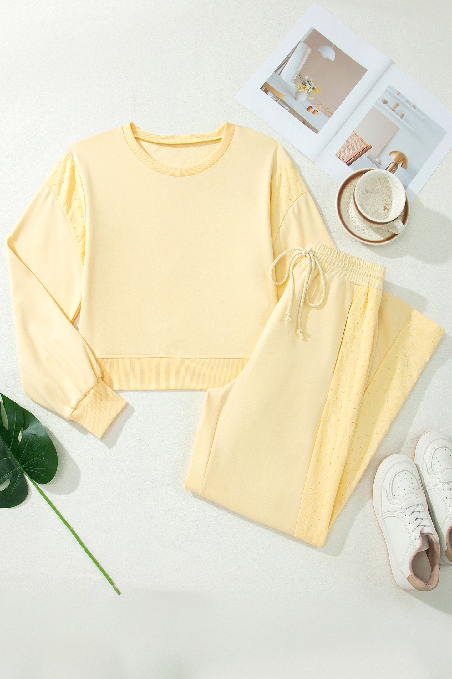 Soft Yellow Eyelet Patchwork Cropped Pullover Drawstring Pants Set