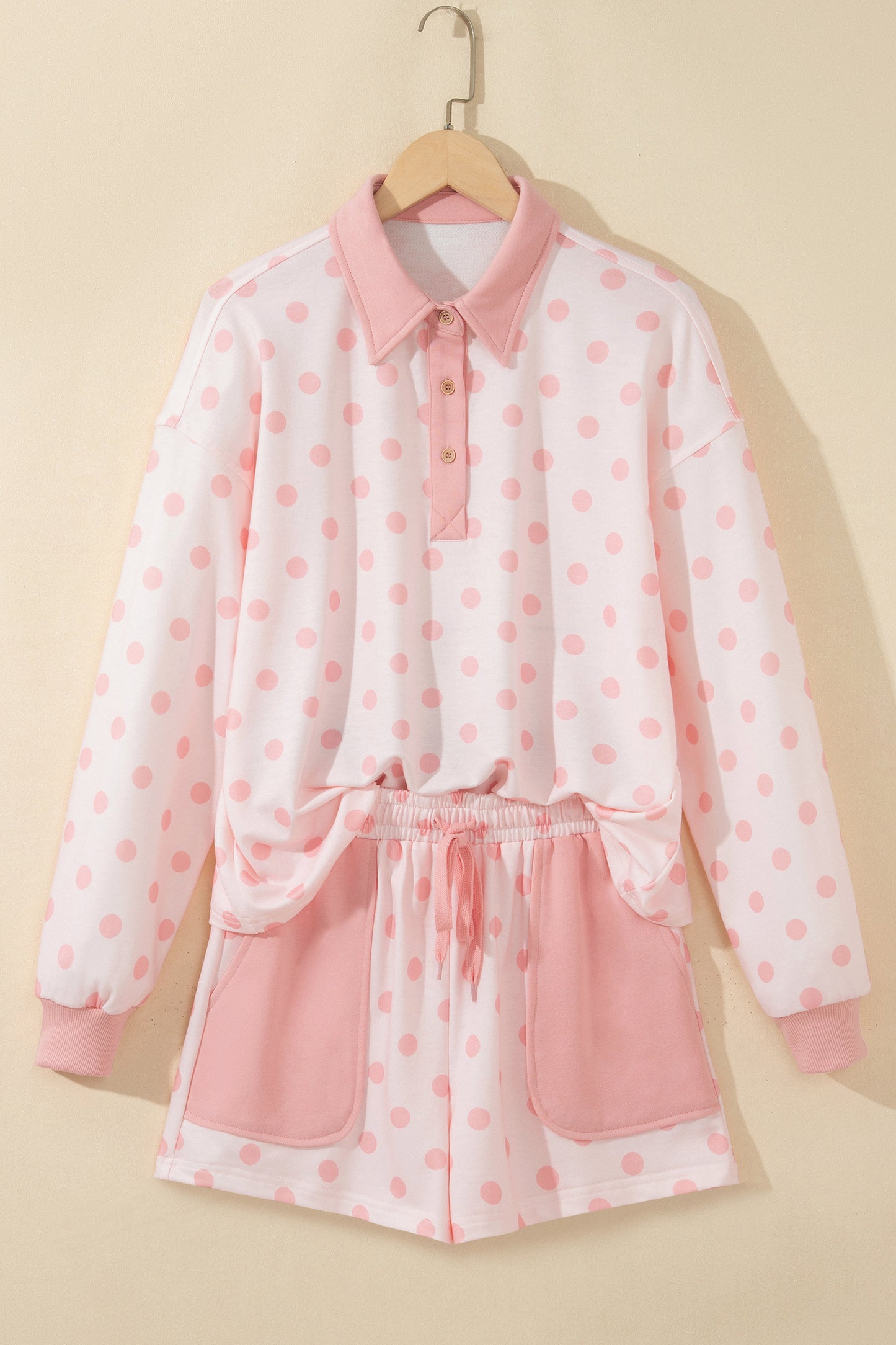 Pink Polka Dot Loose Polo Patch Pocket Shorts Set