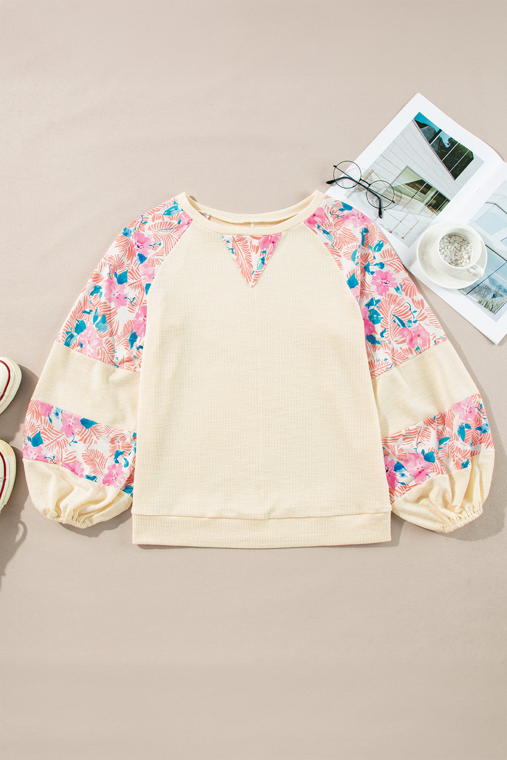 Beige Floral Patchwork Balloon Sleeve Blouse