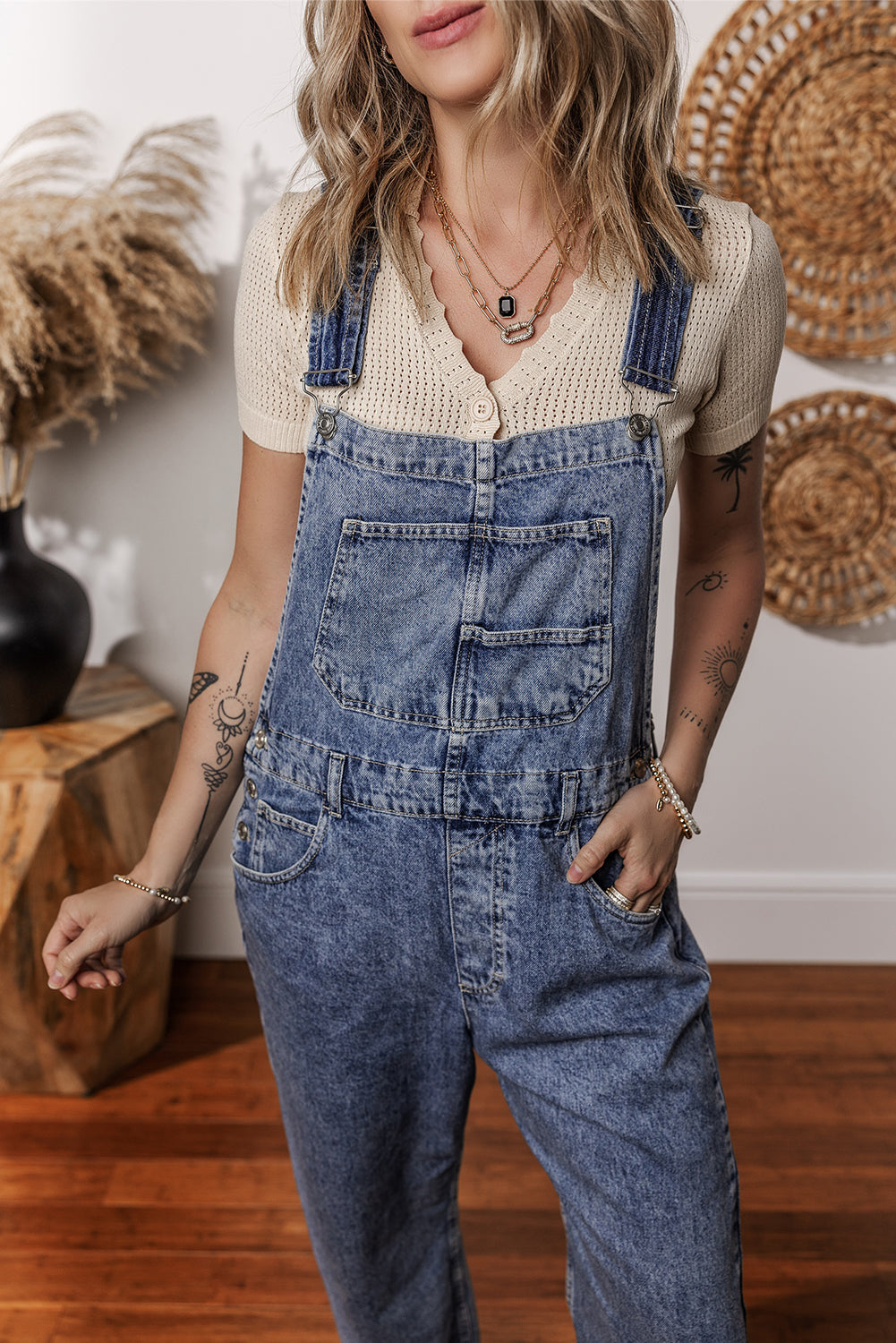 Blue Denim Straight Leg Overalls