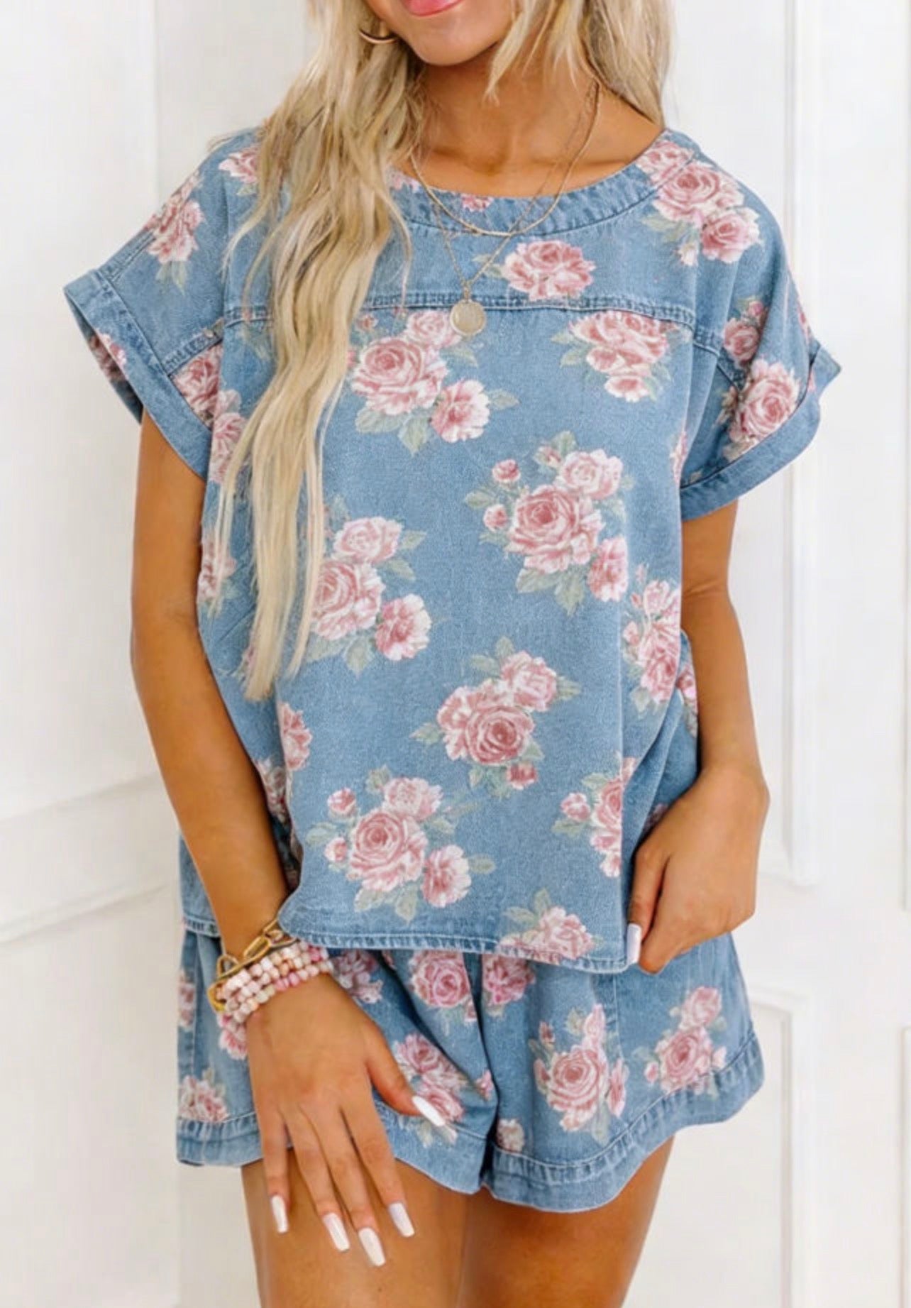 Floral Denim Shorts Set