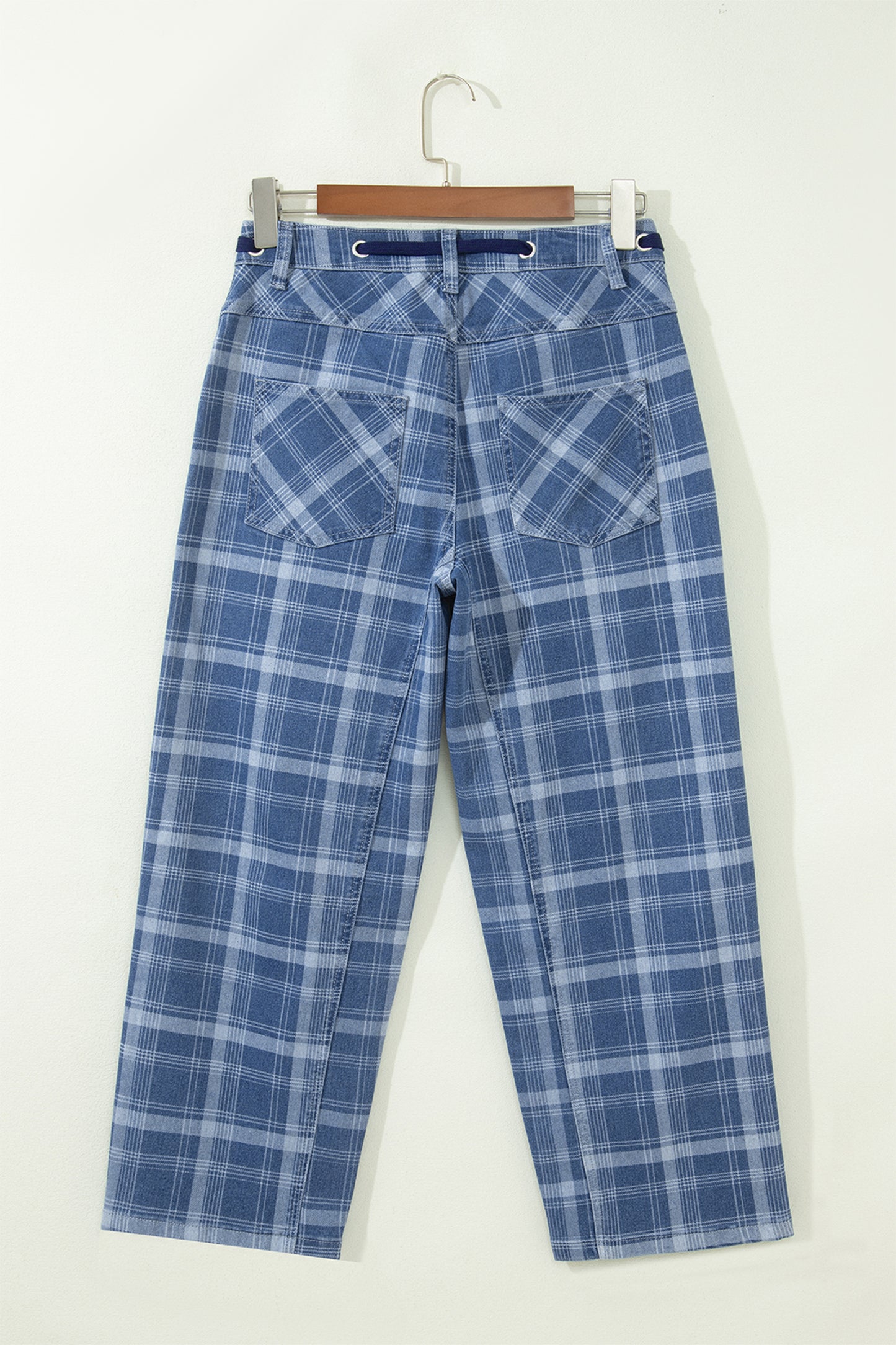 Blue Plaid Denim Drawstring Ankle-Length Jeans