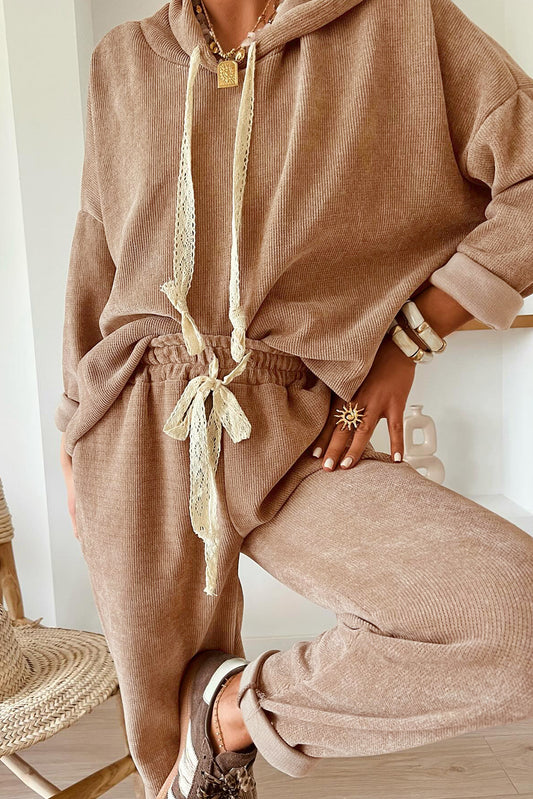 Smoke Gray Lace Drawstring Corduroy Set
