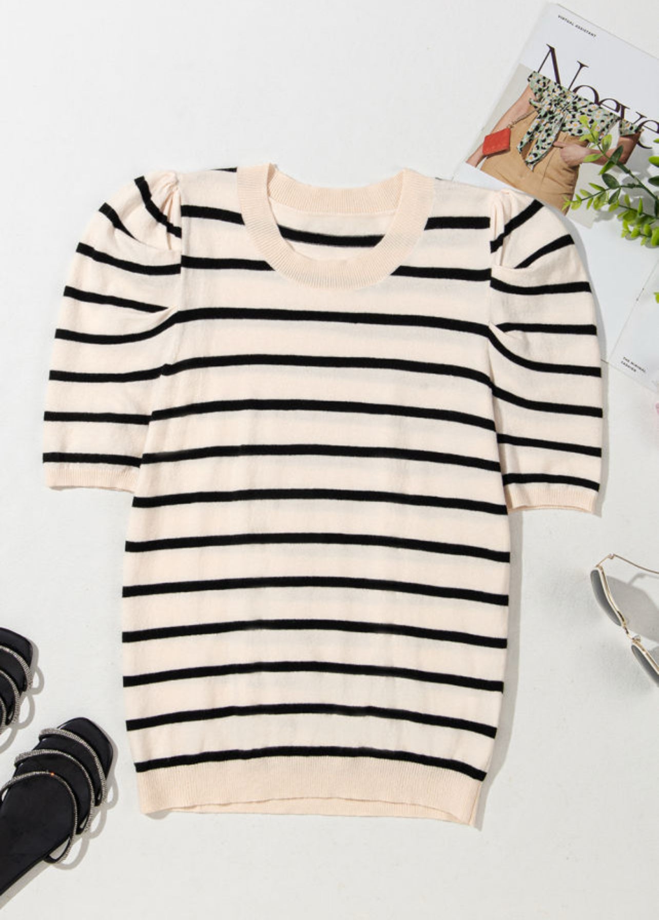 Black Stripe Puff Sleeve Sweater
