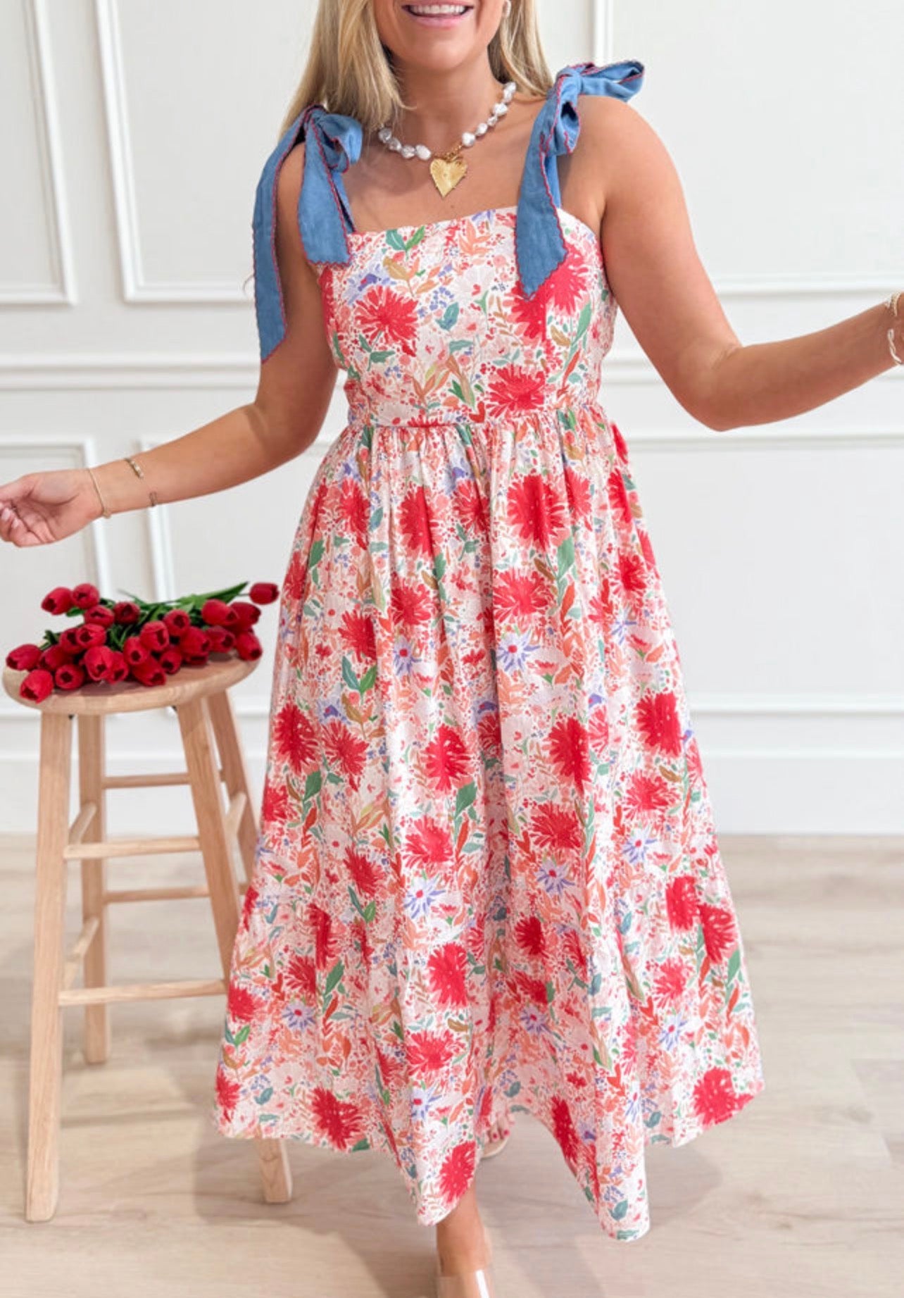 Red Flower Tie Strap Dress