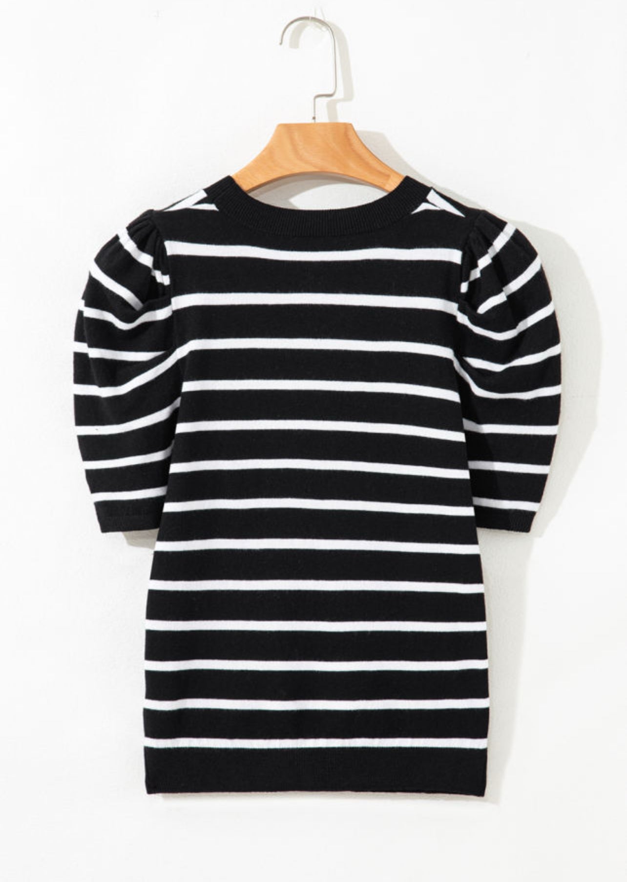 White Stripe Puff Sleeve Sweater