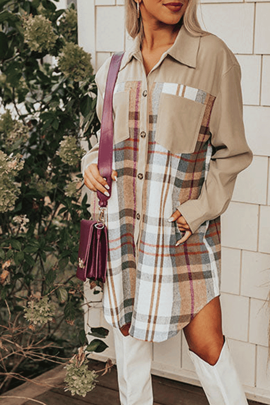 Khaki Plaid Shirt Mini Dress