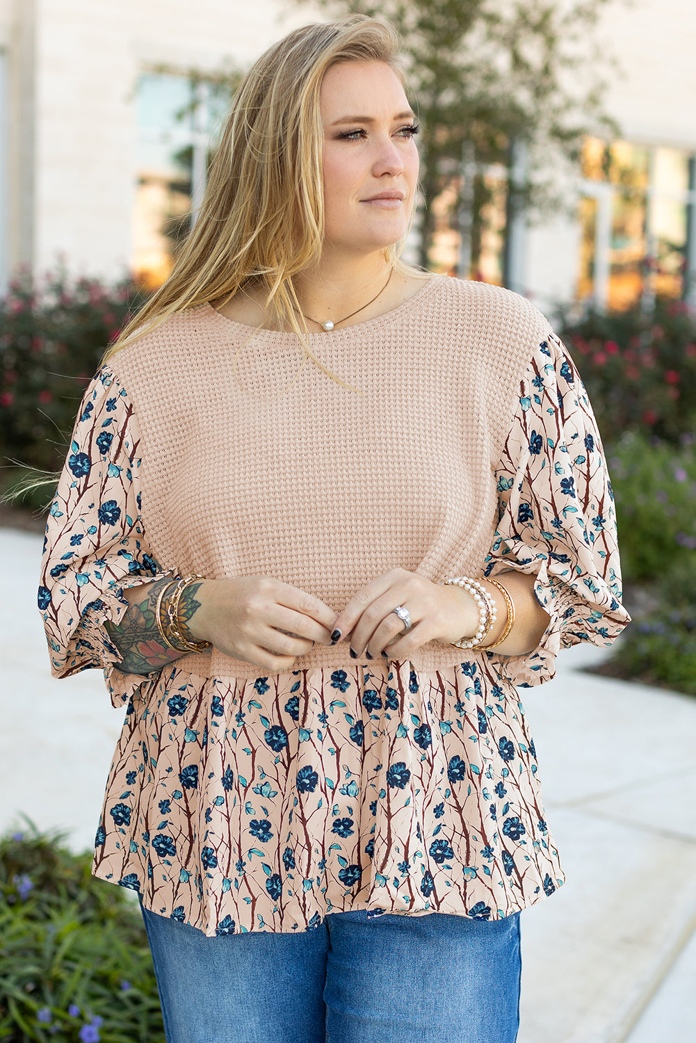 Beige & Floral Layers Plus Size Top